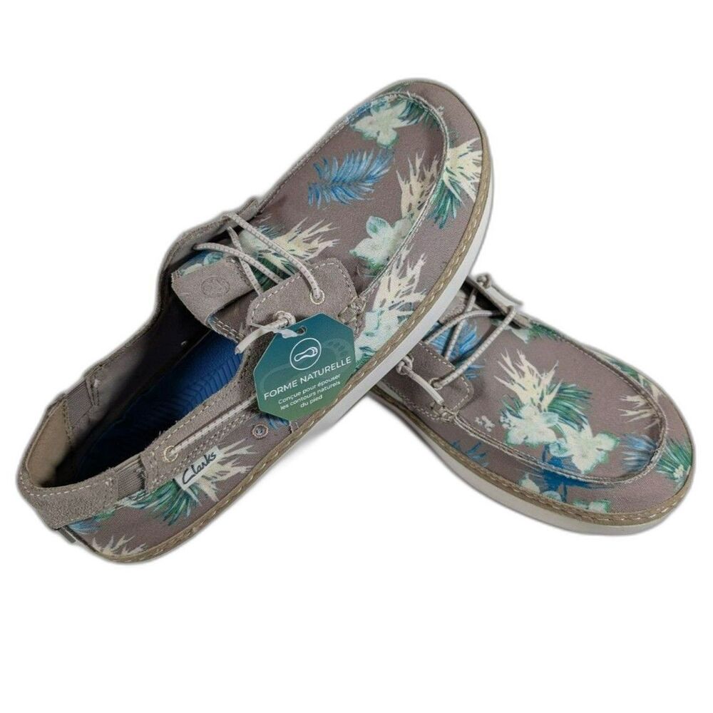 Clarks Higley Tie Boat Shoes Mens 9 Sand Floral Canvas Slip On 26171557 NEW